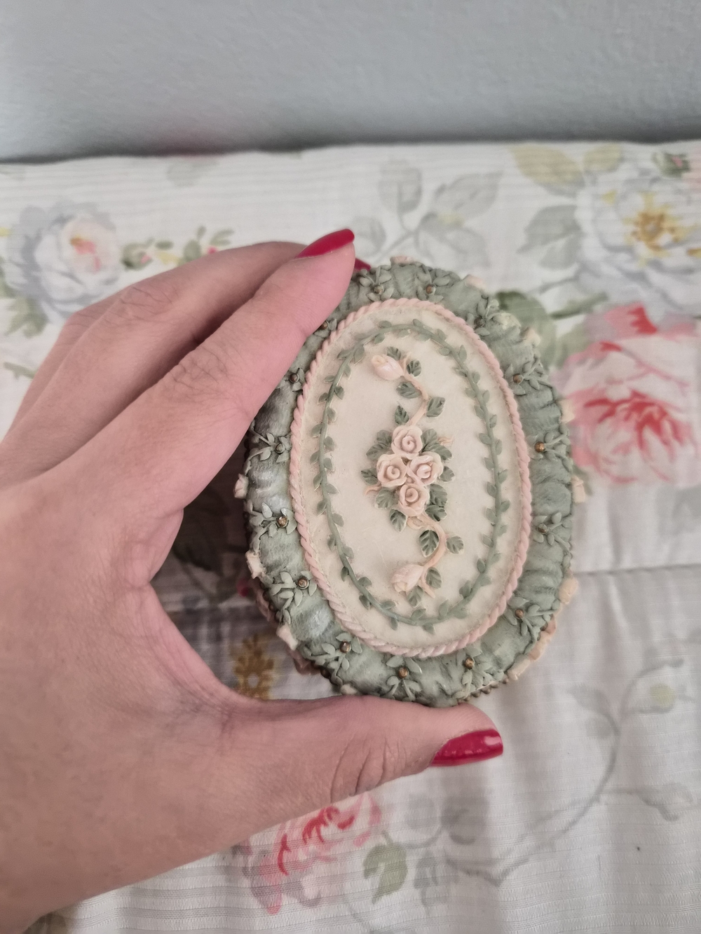 Embroidered Oval Trinket Box in Sage Green and Blush